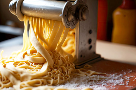 Special machine prepares homemade long tagliatelle on tableの写真素材