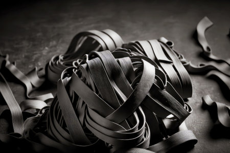 Twisted tagliatelle cooked at home in black and whiteの写真素材