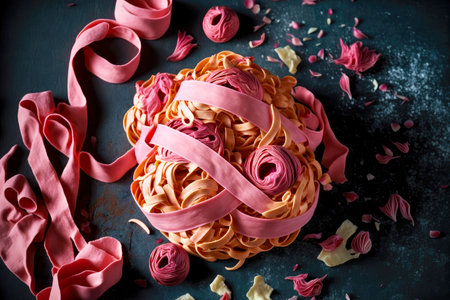 Unusual pink tagliatelle cooked at home on black background