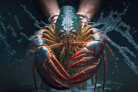 Large exquisite lobster with red claws on dark gray backgroundの写真素材