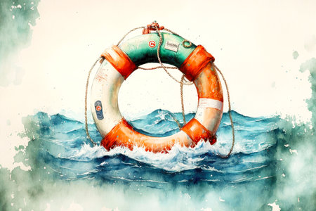 life buoy with ropes floats in blue green waterの写真素材