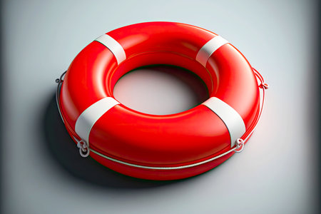 Bright orange with white stripes life buoy lies on white background