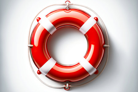 Dark orange life buoy with thin white stripes isolated on whiteの写真素材