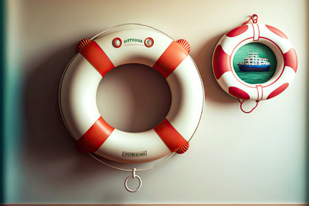 Two small life buoy hang on light wall