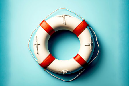 White with orange stripes life buoy hanging on blue wallの写真素材