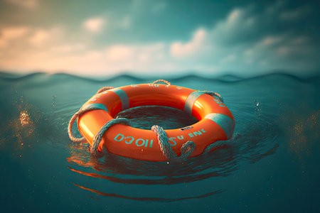 Thrown into water life buoy floats on small wavesの写真素材