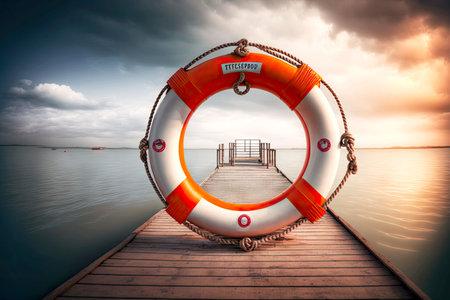 Round life buoy standing on wooden platform on pierの写真素材