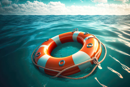 Floating in dark turquoise ocean water life buoy