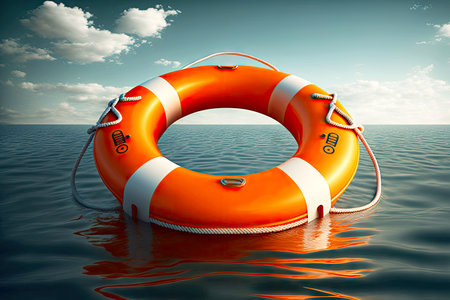 Dark green sea with floating on surface life buoy