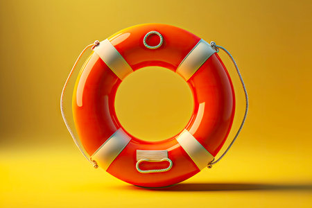 White orange life buoy with mounts on yellow backgroundの写真素材