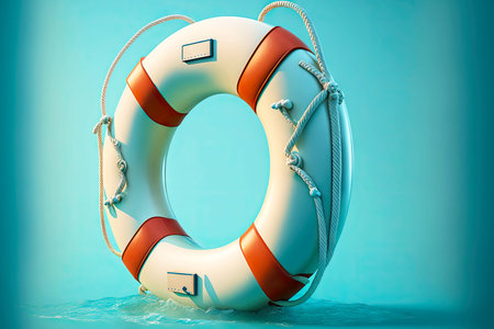 White life buoy with thin orange stripes on blue backgroundの写真素材