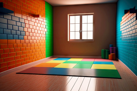 Cozy empty yoga studio with colored wooden interiorの写真素材