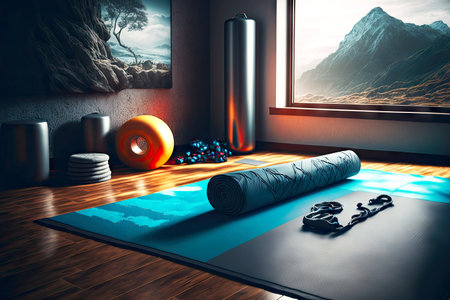 Solar empty yoga studio with sports mat and sports equipmentの写真素材
