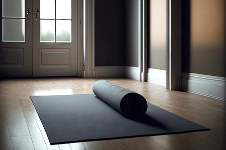 Rolled up grey mat lies in middle of empty yoga studioの写真素材