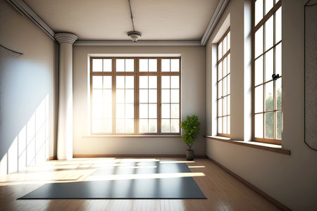 Meditation mat spread out on floor of bright empty yoga studioの写真素材