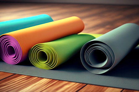 Three rolled up mats prepared for exercises in empty yoga studioの写真素材