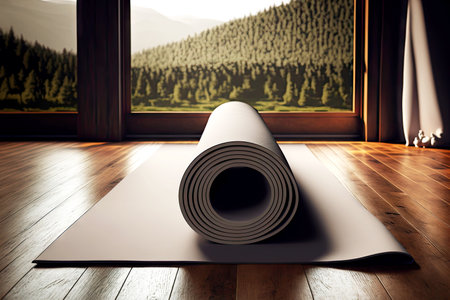 Mat lies on floor of room in home empty yoga studioの写真素材