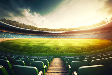Empty stadium with green playing field on sunny dayの写真素材