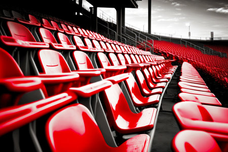 Stands of large empty stadium with many free red seats