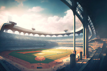 Remote view from grandstand to green football field at empty stadiumの写真素材