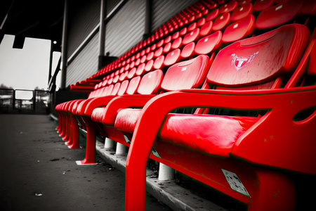 empty stadium with long rows of red plastic seatsの写真素材