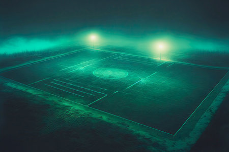 Brightly lit green field empty stadium in night hazeの写真素材