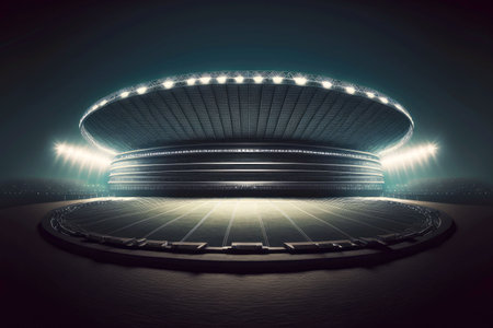 Night view of empty stadium with spotlights against background of dark skyの写真素材