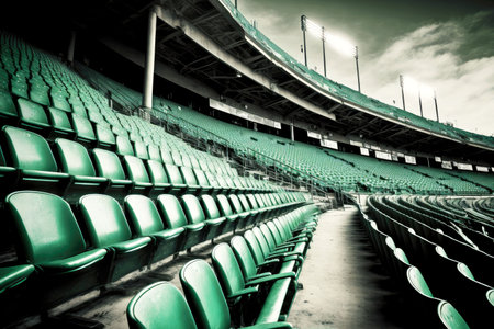Sprawling long rows of green seats for football fans at empty stadium