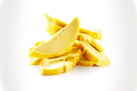 Slices of sweet banana cut in half lie on white backgroundの写真素材