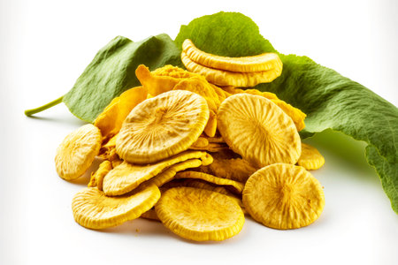 Dried slices of healthy and tasty banana lie on white background with banana leaf