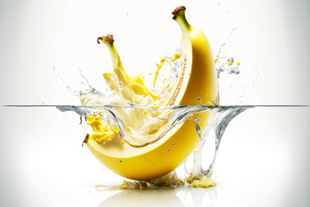 Appetizing slices of banana fall under water on white backgroundの写真素材