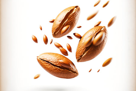 Three unrefined almonds surrounded by peeled almonds on white backgroundの写真素材