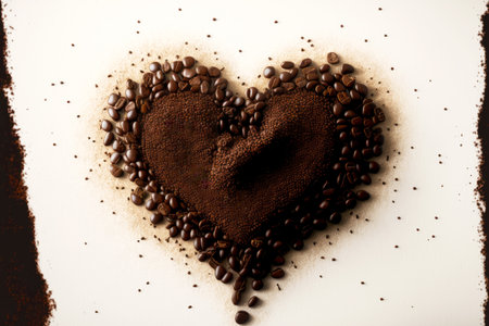 Laid out of ground coffee beans on white figure in shape of heartの写真素材