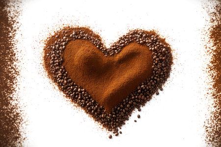 Laid out of ground coffee beans on white figure in shape of heartの写真素材