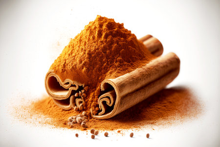 Dry cinnamon sticks folded together with ground cinnamon on white