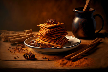 Wooden table with pastries and spices in form of cinnamon on white
