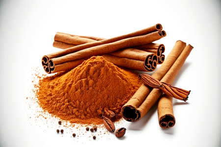 Several cinnamon dry sticks on pile of ground cinnamon on white backgroundの写真素材