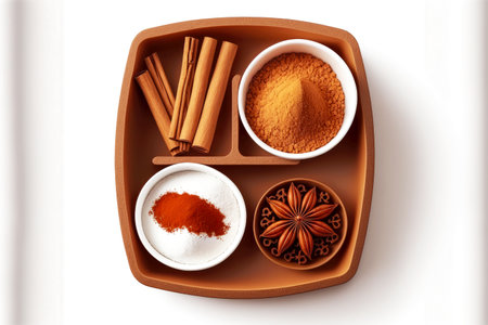 Spice tray in bowls with ground cinnamon on white