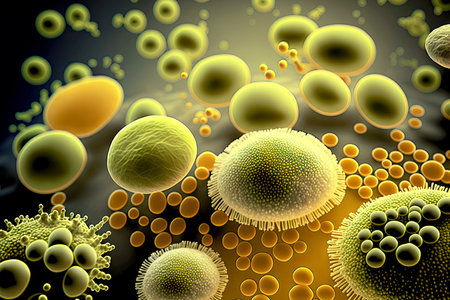 Yellow spherical colonies of yeast bred in laboratory