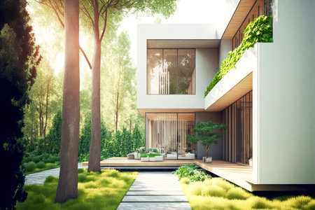 Country white house with contemporary exterior house with well-groomed paths and many plantsの写真素材