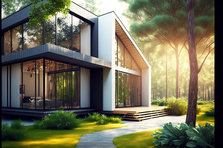 Contemporary house exterior with glass walls in middle of forestの写真素材