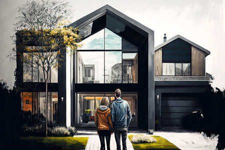 Young couple came to see house with contemporary exterior house that they want to buyの写真素材