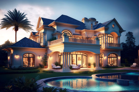 Luxury two-storey house with balconies with contemporary exterior house with swimming poolの写真素材