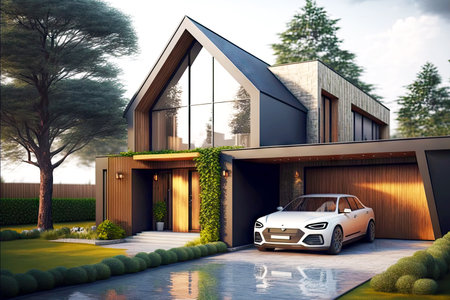 Contemporary house exterior with stone walkway on which there is carの写真素材