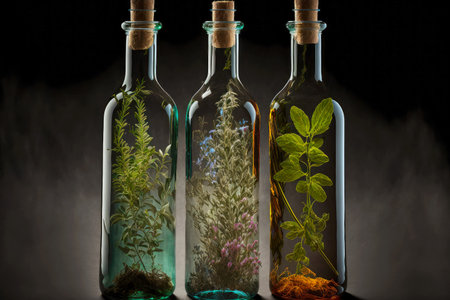 Essential oils with herbs in high transparent bottles on black backgroundの写真素材
