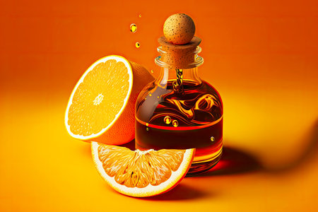 Orange essential oil in bottle with orange slices on orange backgroundの写真素材