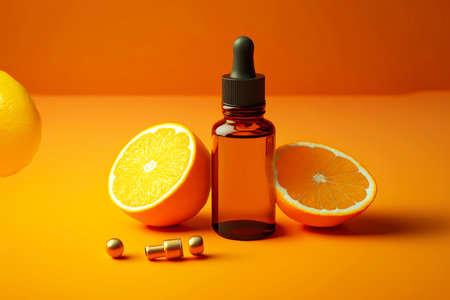 Orange essential oil in bottle on orange backgroundの写真素材