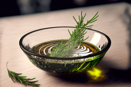 Floating sprig of rosemary in essential oil on wooden tableの写真素材