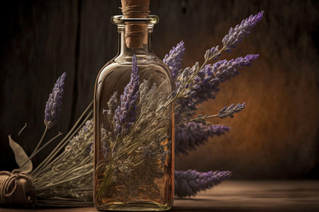 Lavender essential oil of transparent color in bottle on background of lavender flowersの写真素材
