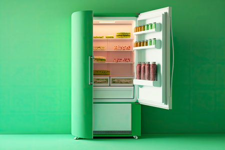 Outdoor bright green fridge on green backgroundの写真素材